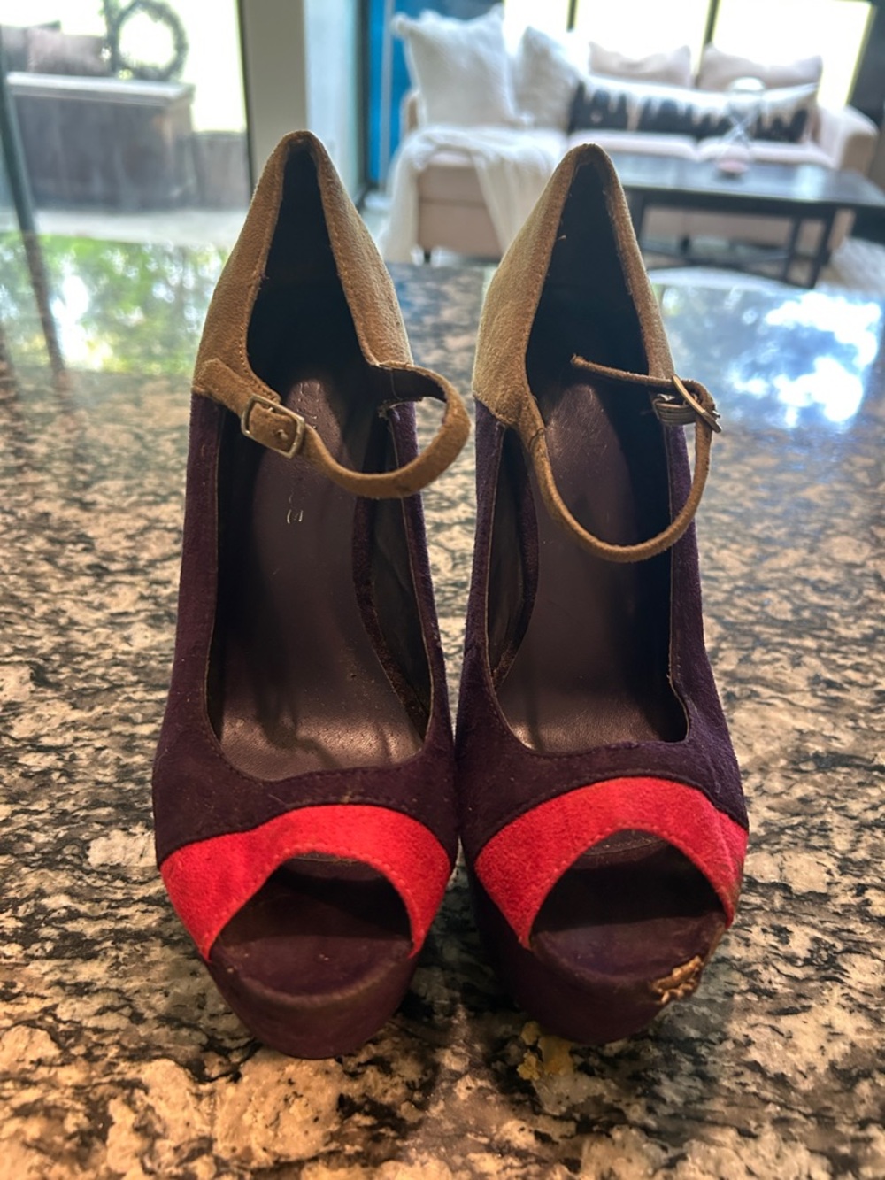 Women’s Suede Peep-Toe Heels in Purple, Hot Pink, and Tan